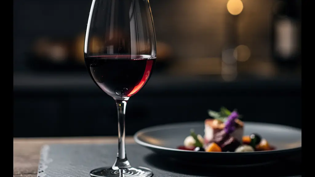 Composition artistique d'un plat gastronomique avec verre de vin rouge en harmonie visuelle