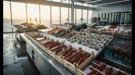 Vue professionnelle d'un marché aux poissons avec crustacés vivants dans des bacs de glace et des bassins, éclairage matinal naturel