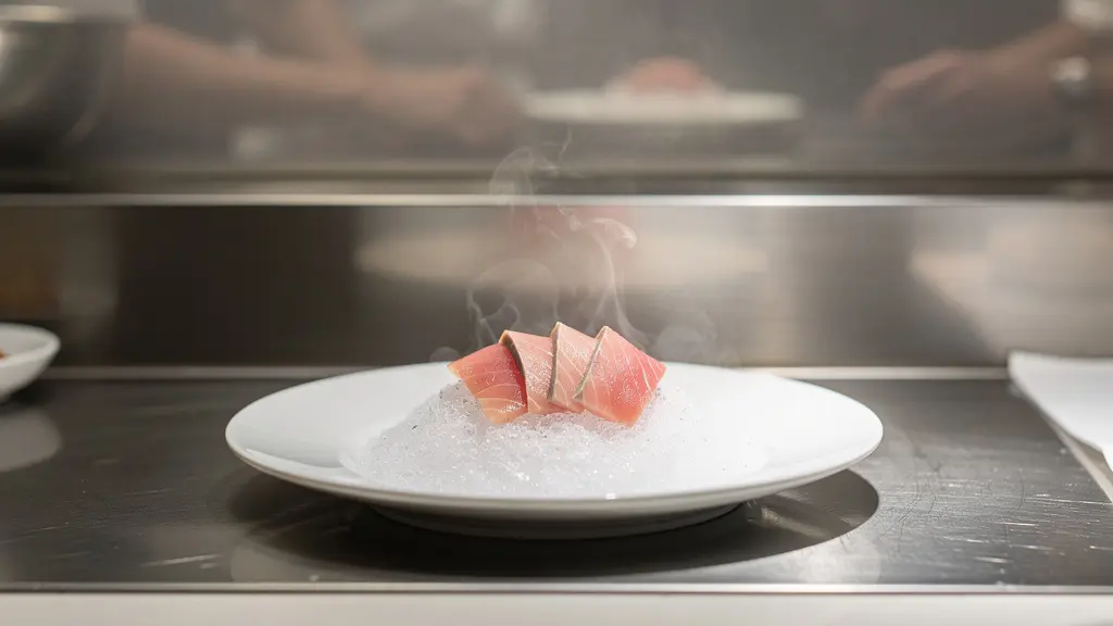 Assiette de sashimi sur glace pilée avec vapeur froide visible dans un environnement de restaurant