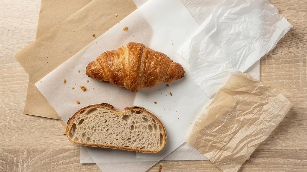 Assortiment de papiers alimentaires (kraft, ingraissable, mousseline) disposés à plat avec échantillons d'aliments