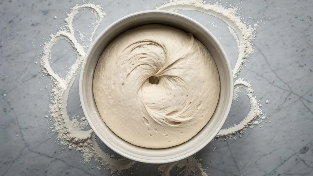 Vue aérienne d'une pâte après autolyse montrant le réseau de gluten développé