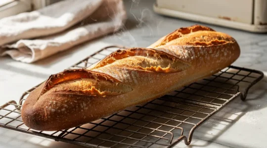 Baguette tradition française dorée posée sur une grille de refroidissement avec de la vapeur qui s'échappe
