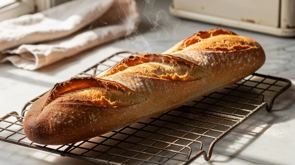 Baguette tradition française dorée posée sur une grille de refroidissement avec de la vapeur qui s'échappe