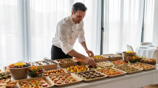 Traiteur français disposant des plateaux alimentaires écologiques sur table de buffet événementiel
