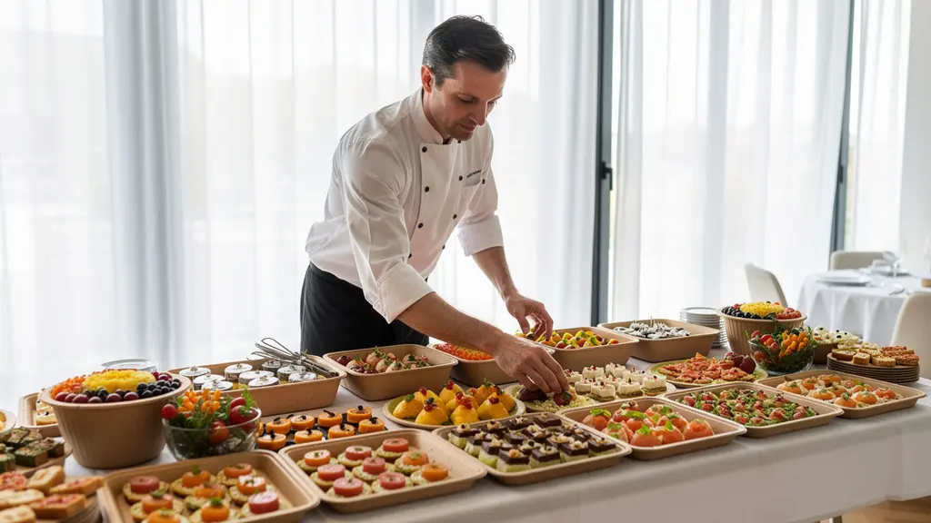 Traiteur français disposant des plateaux alimentaires écologiques sur table de buffet événementiel