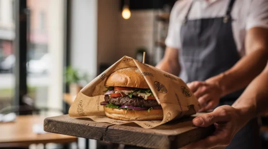 Burger artisanal présenté dans un papier kraft personnalisé sur plateau en bois, ambiance restaurant moderne