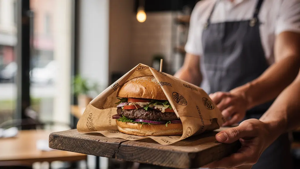 Burger artisanal présenté dans un papier kraft personnalisé sur plateau en bois, ambiance restaurant moderne