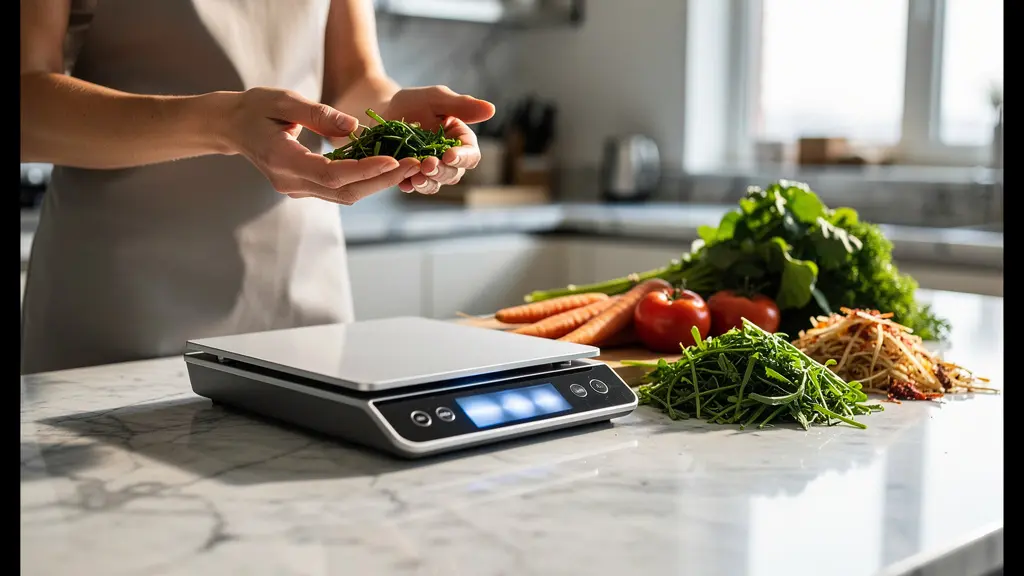 Chef analysant le rendement d'un produit frais sur une planche de travail avec balance de précision