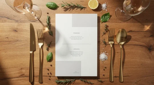 Vue aérienne d'une carte de restaurant élégamment disposée sur une table en bois avec des éléments culinaires raffinés