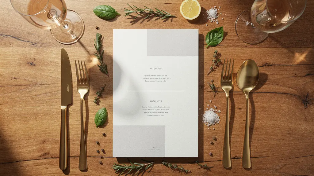 Vue aérienne d'une carte de restaurant élégamment disposée sur une table en bois avec des éléments culinaires raffinés