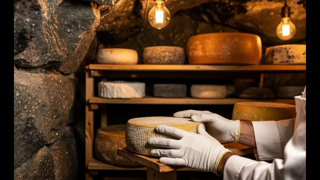 Cave d'affinage de fromages artisanaux dans un restaurant avec éclairage tamisé et étagères en bois