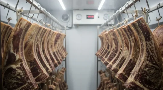 Cave de maturation à viande professionnelle avec côtes de bœuf suspendues