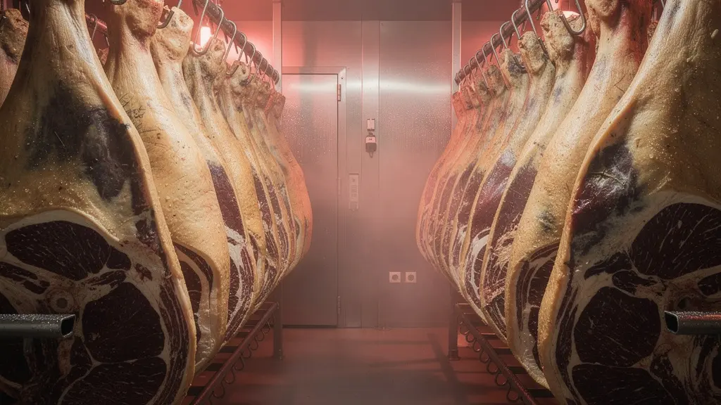 Cave de maturation avec viandes suspendues montrant le processus de dry aging