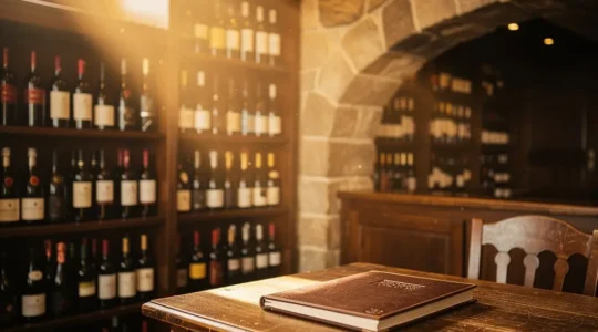 Cave à vins sophistiquée dans un restaurant élégant avec éclairage chaleureux et bouteilles prestigieuses