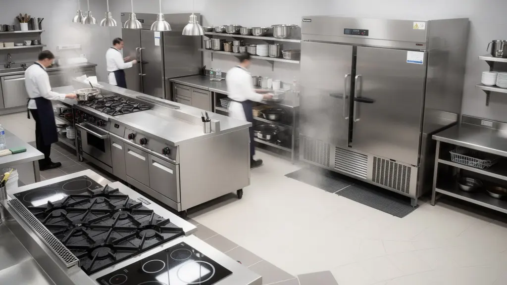 Vue d'ensemble d'une cuisine avec flux de travail organisé menant à la cellule de refroidissement