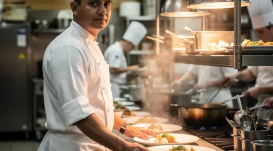 Chef en tenue professionnelle supervisait avec autorité sa brigade pendant le service