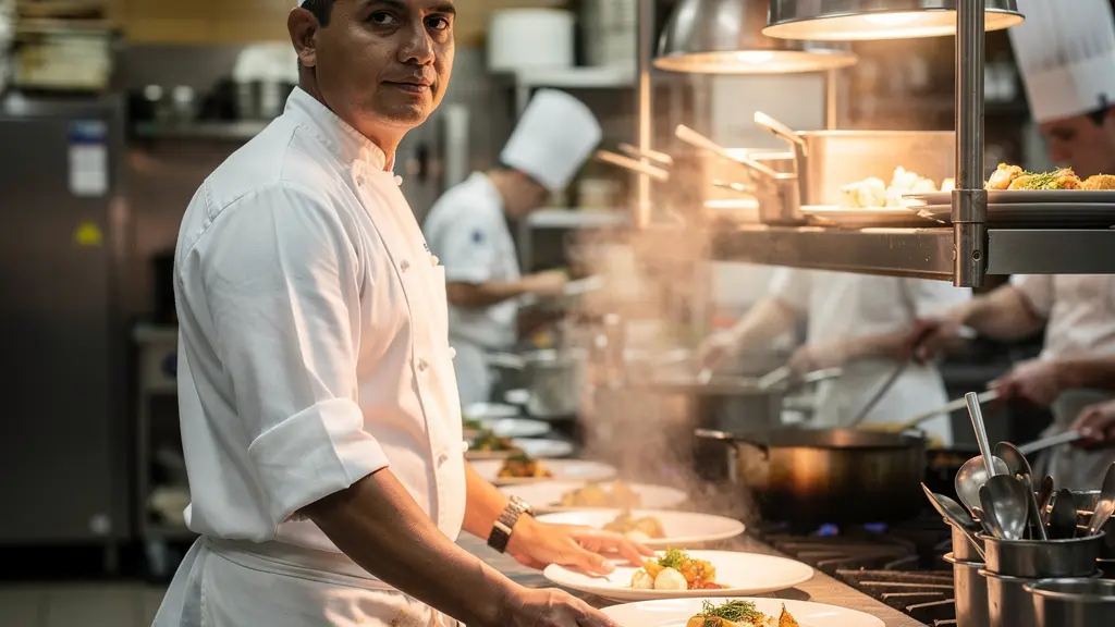 Chef en tenue professionnelle supervisait avec autorité sa brigade pendant le service