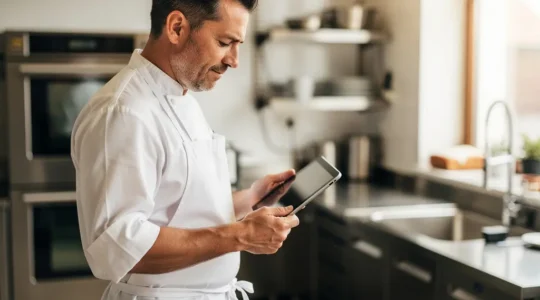 Chef cuisinier consultant une tablette numérique dans une cuisine professionnelle moderne pour gérer les normes HACCP