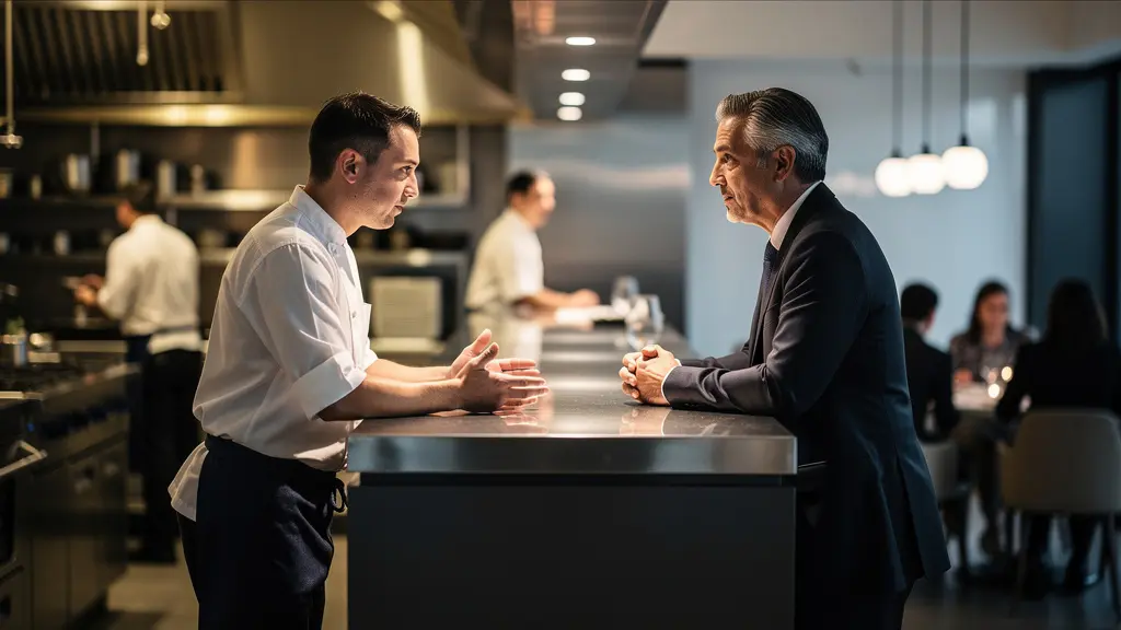 Chef échangeant avec un client devant une cuisine ouverte dans un restaurant gastronomique