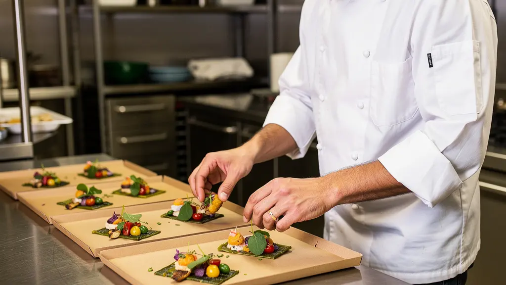 Chef dressant des plats sur plateau carton kraft en cuisine professionnelle