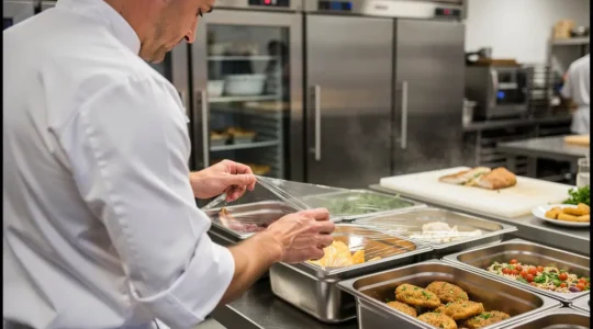 Chef filmant des préparations en bacs gastro dans une cuisine professionnelle