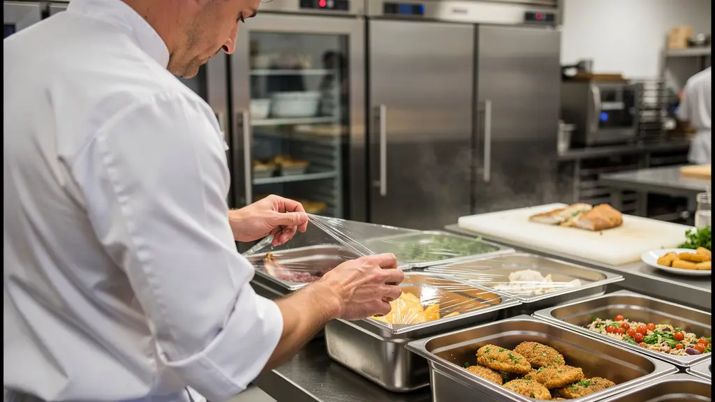 Chef filmant des préparations en bacs gastro dans une cuisine professionnelle
