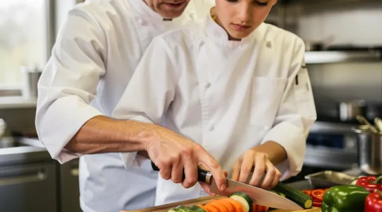 Un chef formateur en tenue blanche guide les mains d'un jeune commis dans un geste technique précis en cuisine professionnelle