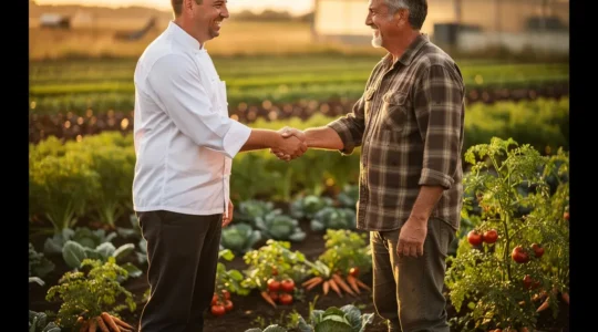 Un chef cuisinier et un maraîcher se serrent la main dans un champ de légumes au lever du soleil