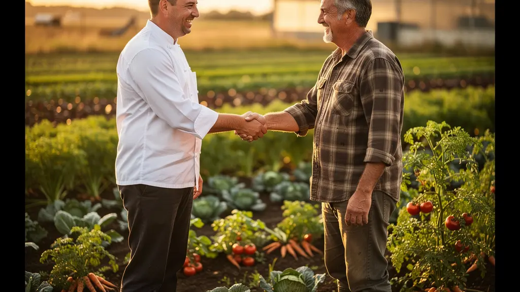 Un chef cuisinier et un maraîcher se serrent la main dans un champ de légumes au lever du soleil