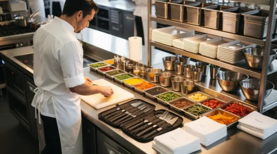 Chef de partie organisant méticuleusement sa station de travail dans une cuisine professionnelle