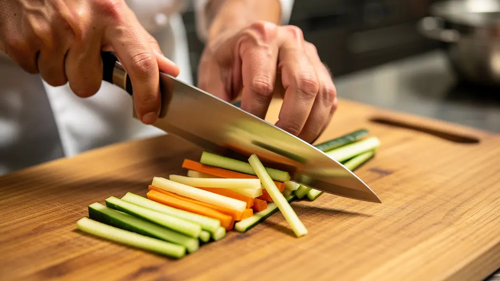 Vue macro sur les mains expertes d'un commis découpant des légumes sous l'œil attentif mais distant du chef