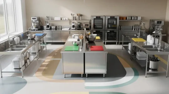 Vue d'ensemble d'une cuisine professionnelle moderne avec zones de préparation distinctes et chemins de circulation clairement définis pour respecter la marche en avant