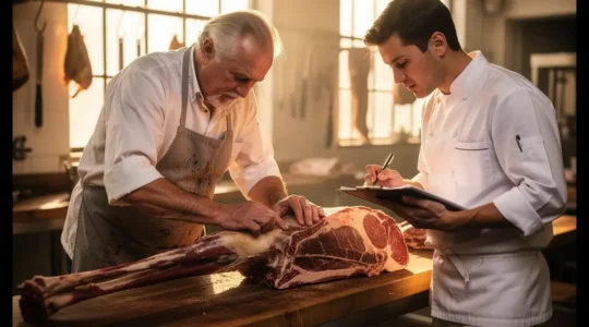 Chef et boucher collaborant autour d'une pièce de viande noble dans un atelier professionnel