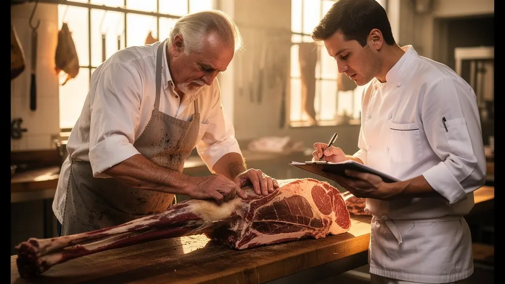 Chef et boucher collaborant autour d'une pièce de viande noble dans un atelier professionnel