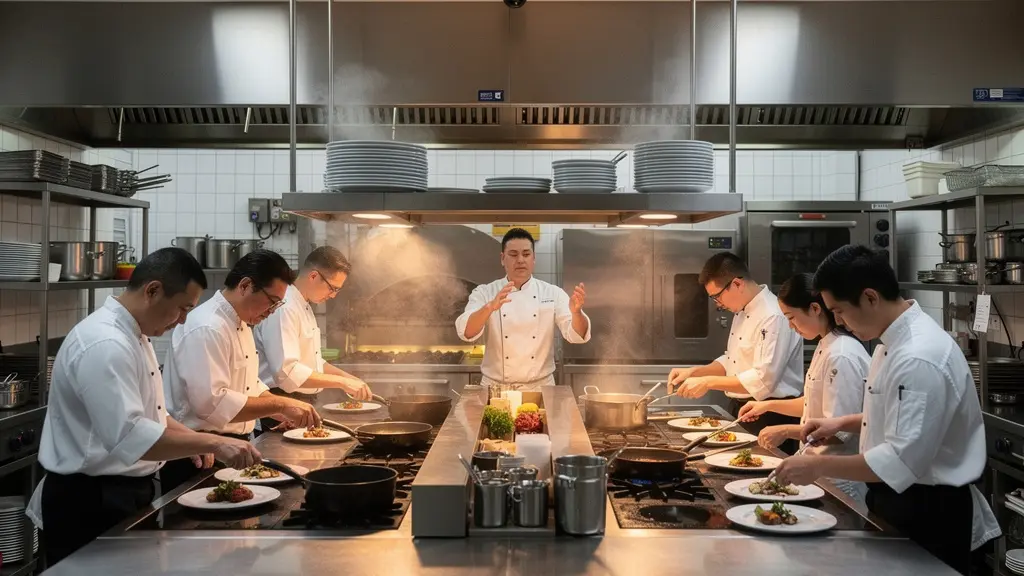 Chef communiquant efficacement avec son équipe par gestes et regard pendant un service intense