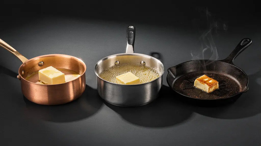 Casseroles en différents matériaux pour la cuisson du beurre noisette