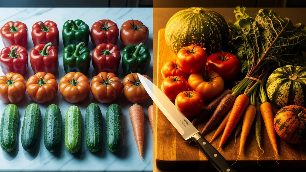 Comparaison visuelle entre des légumes issus de l'agriculture conventionnelle et raisonnée sur une table de préparation
