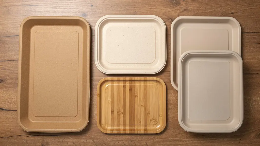 Vue plongeante comparant plateaux carton kraft, bagasse, bambou et plastique recyclé