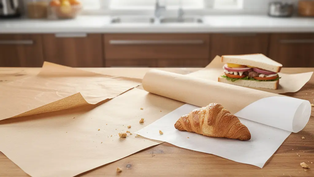 Différents papiers alimentaires biodégradables kraft bambou et ingraissé disposés sur plan de travail