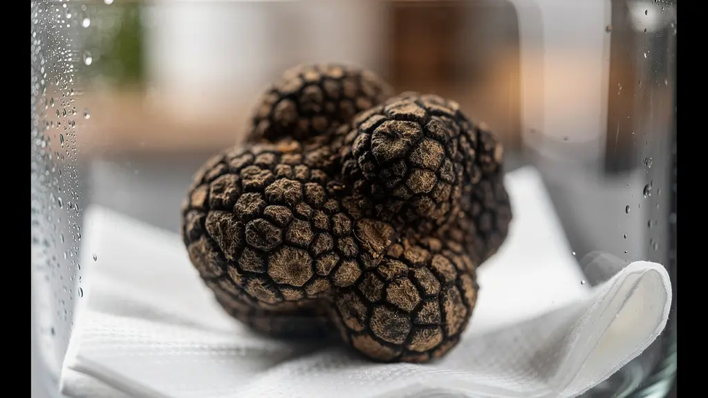 Vue macro d'une truffe fraîche sur papier absorbant dans un contenant hermétique