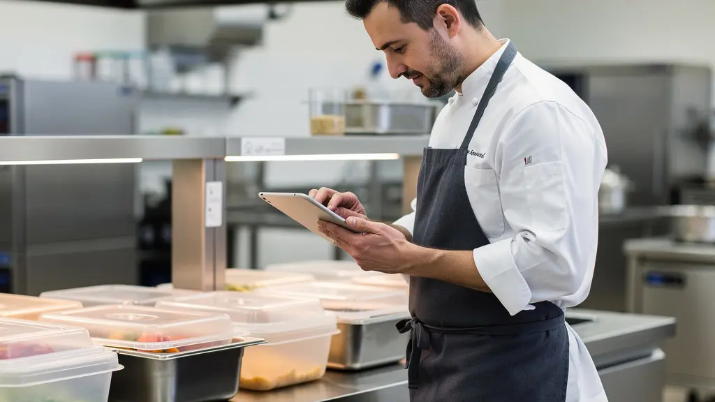 Professionnel vérifiant la conformité HACCP sur tablette en cuisine