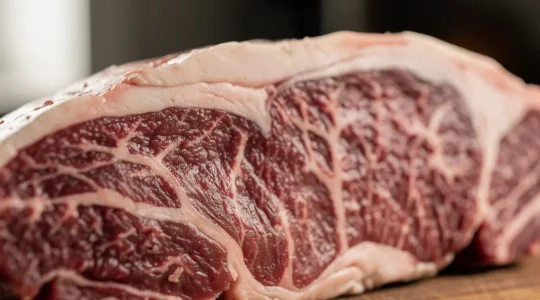 Gros plan sur une côte de bœuf persillée montrant le détail du gras intramusculaire qui forme des motifs marbrés dans la viande