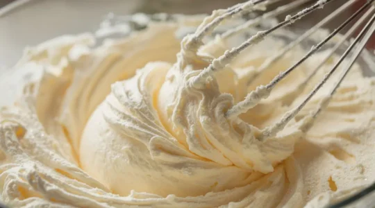 Gros plan sur un fouet en action créant une texture crémeuse et aérienne de beurre et sucre