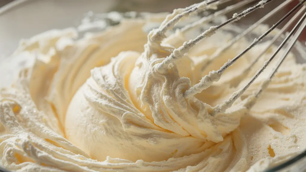 Gros plan sur un fouet en action créant une texture crémeuse et aérienne de beurre et sucre