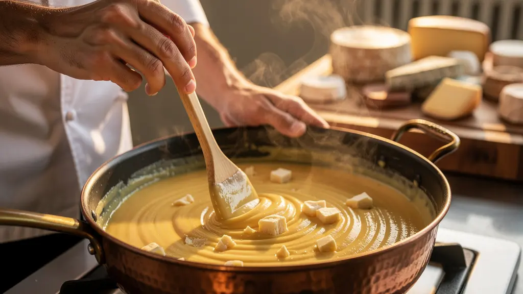 Préparation d'une crème de fromage onctueuse en cuisine professionnelle