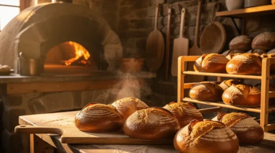 Pain artisanal avec croûte dorée et brillante sortant du four