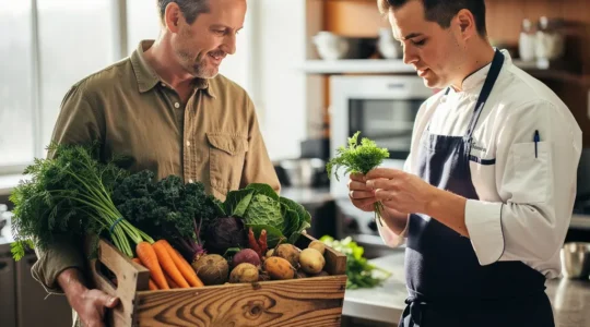 Chef cuisinant des légumes fraîchement livrés par un producteur local dans une cuisine professionnelle lumineuse