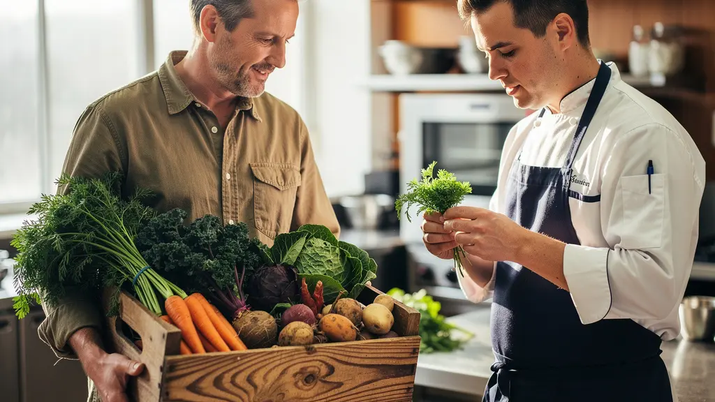 Chef cuisinant des légumes fraîchement livrés par un producteur local dans une cuisine professionnelle lumineuse