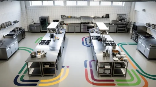 Vue aérienne d'une cuisine professionnelle moderne de 40m² montrant un agencement optimisé avec zones distinctes et flux de circulation