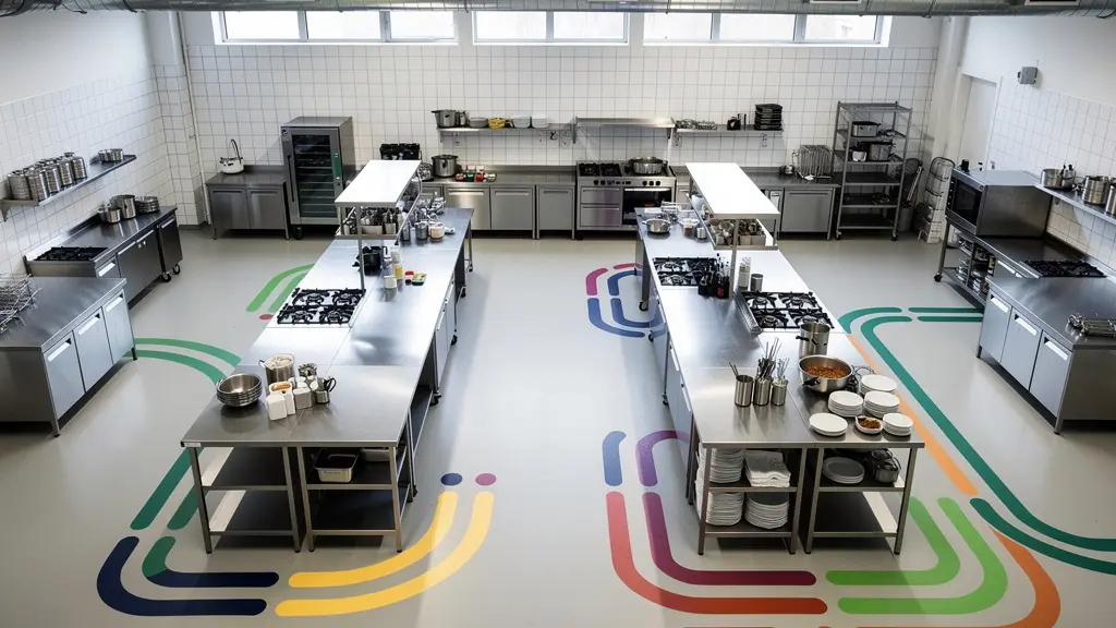 Vue aérienne d'une cuisine professionnelle moderne de 40m² montrant un agencement optimisé avec zones distinctes et flux de circulation